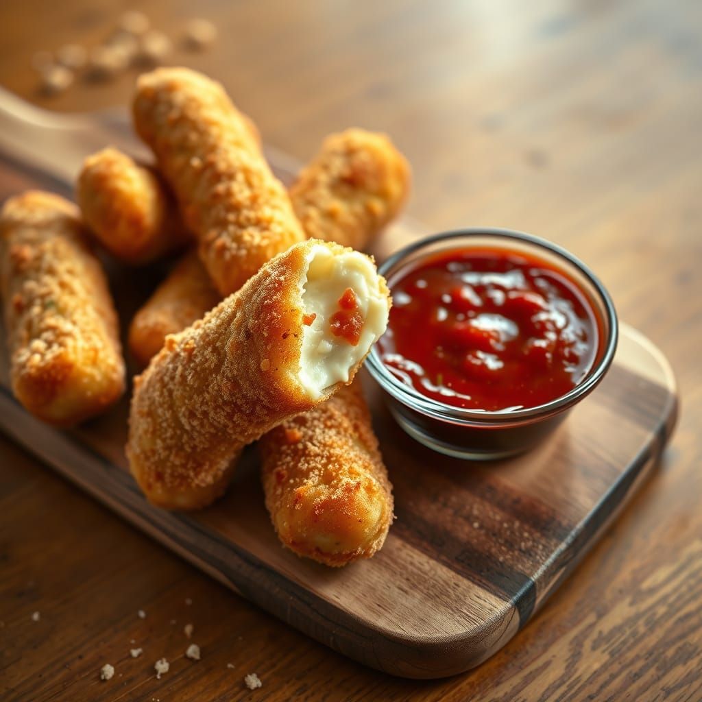 Crispy Mozzarella Sticks on a Rustic Wooden Board