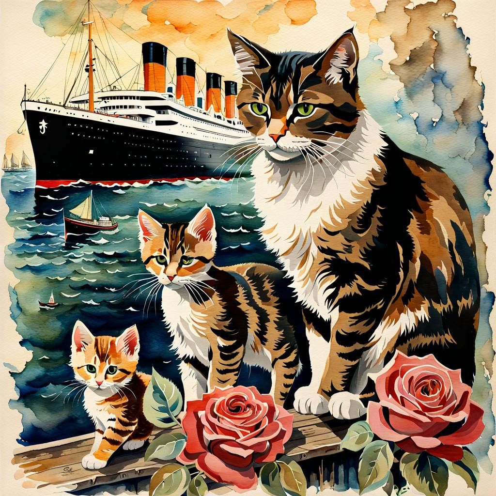 Mama Cat and Kittens Aboard the Titanic: Watercolor