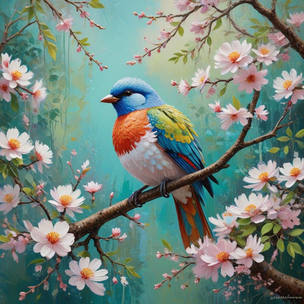 Whimsical Bird in Blossoming Tree with Pastel Hues