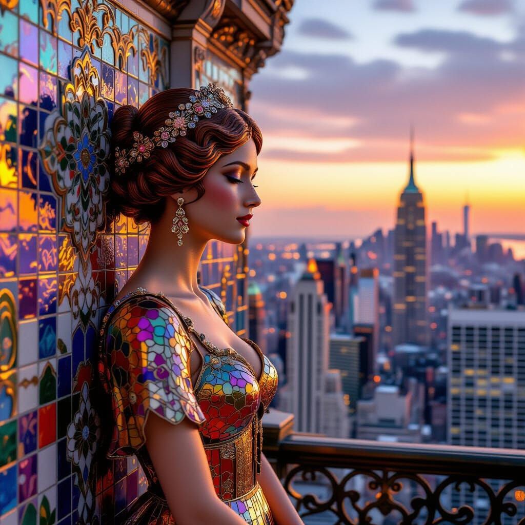 Art Nouveau Woman Sculpture with Shimmering Tiles at Dusk
