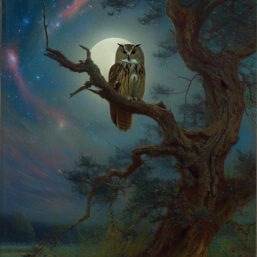 Owl Perched Under Cosmic Sky in Romantic Landscape Style