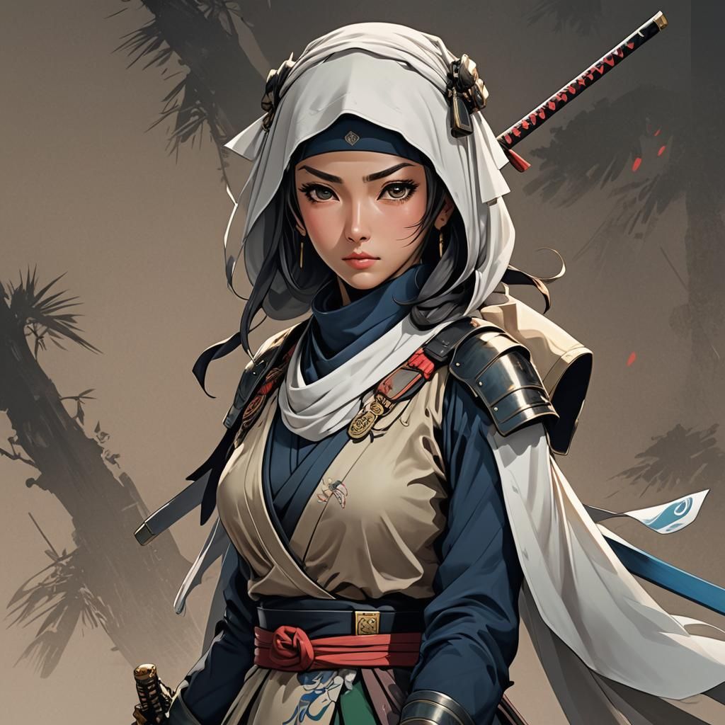 Hijab Female Samurai in Anime Cel-Shaded Style