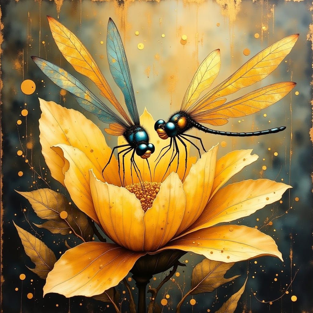 Whimsical Dragonflies on Golden Florals