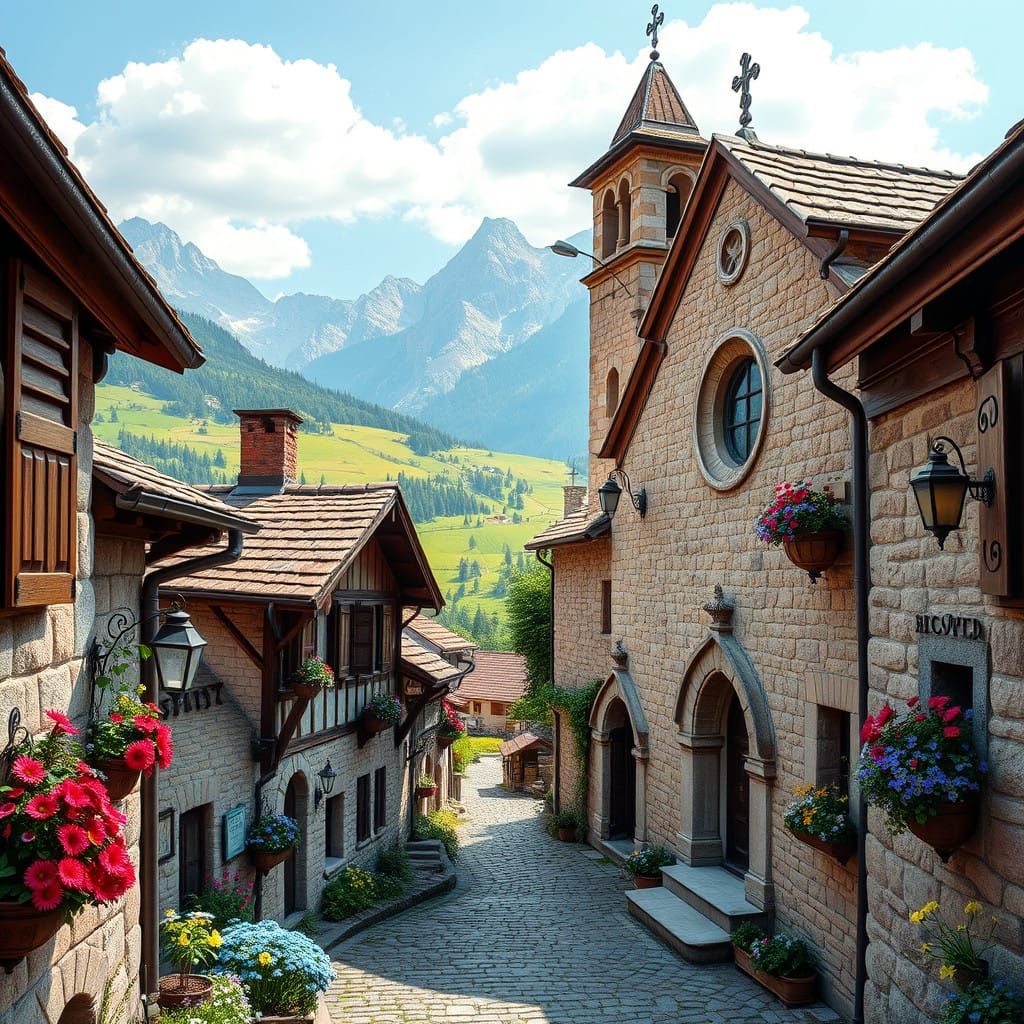 Rustic Mountain Village in Retro Futuristic Style