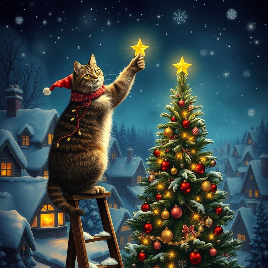 Surreal Christmas Village Scene with Twinkling Cat and Star