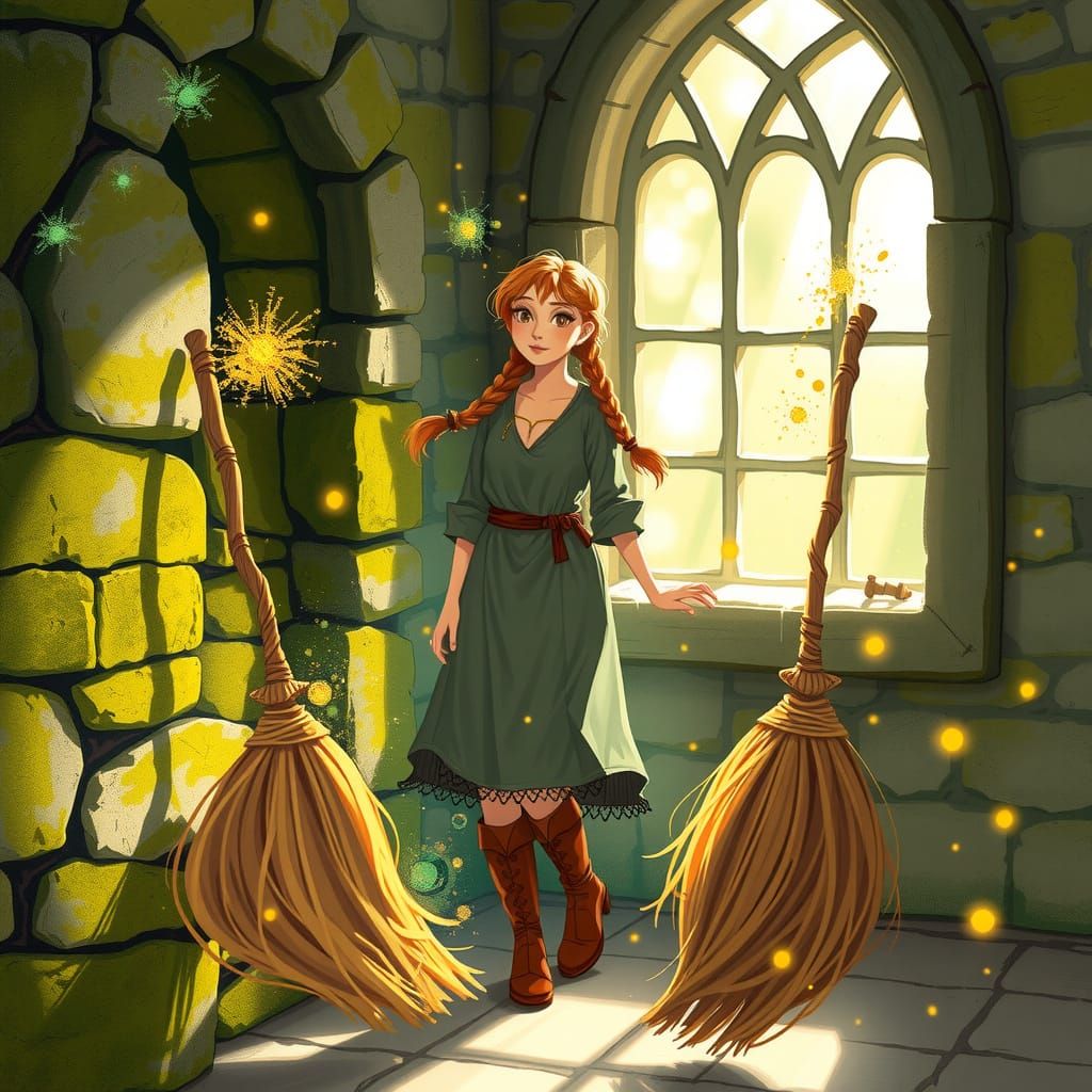 Enchanted Brooms Dance for Amused Sorceress, Storybook Style