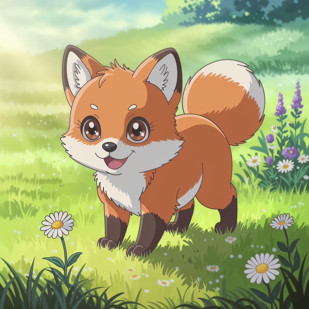Kawaii Baby Fox Playing in Sunny Meadow