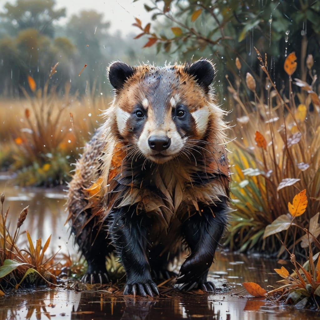 Badger in an Autumn Marsh: