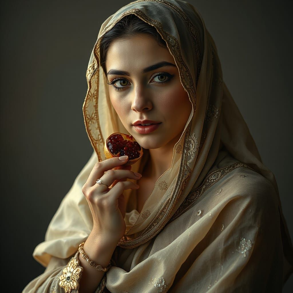 Sheer Muslim Wrap with Pomegranate, Hyper-Realistic Portrait