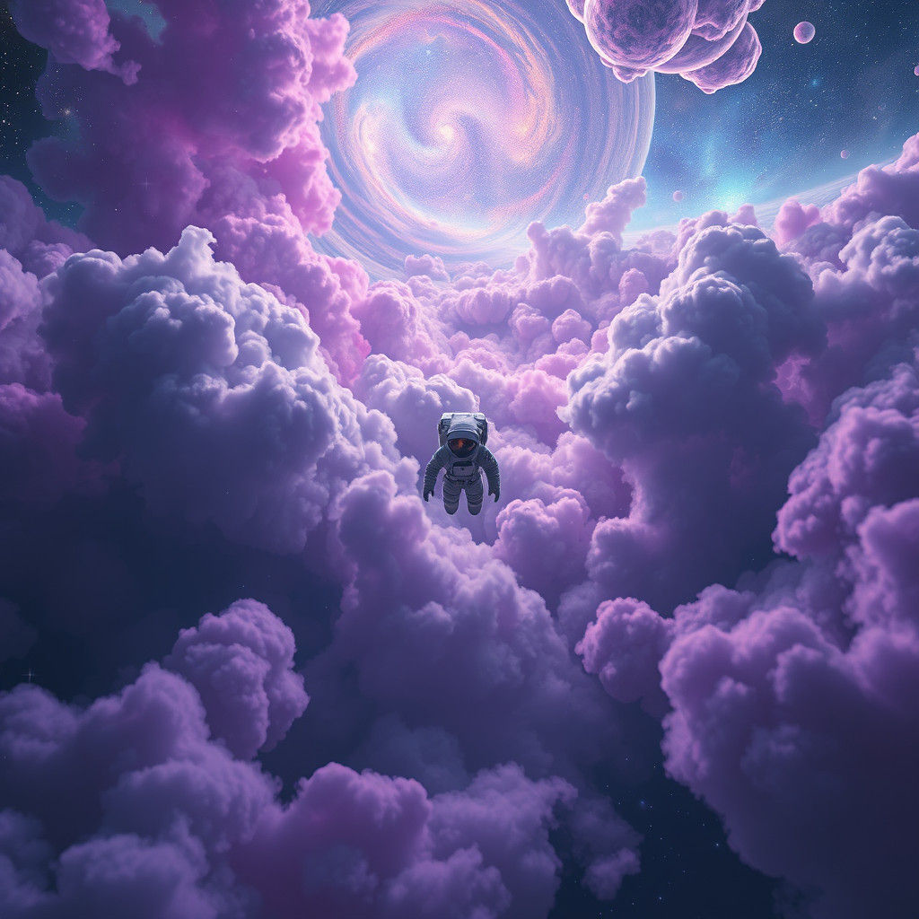 Astronaut in Cosmic Dreamscape of Nebulas and Stars