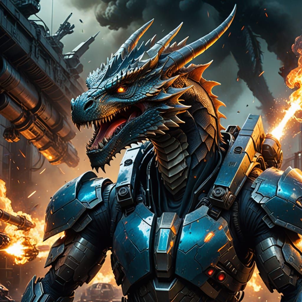 Military Dragon Concept Art in Cyberpunk Style