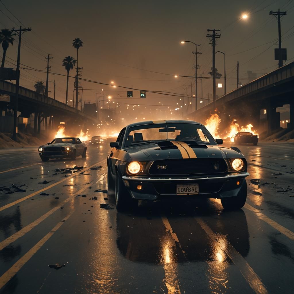 Dystopian Car Race on Deserted Highway: Digital Art