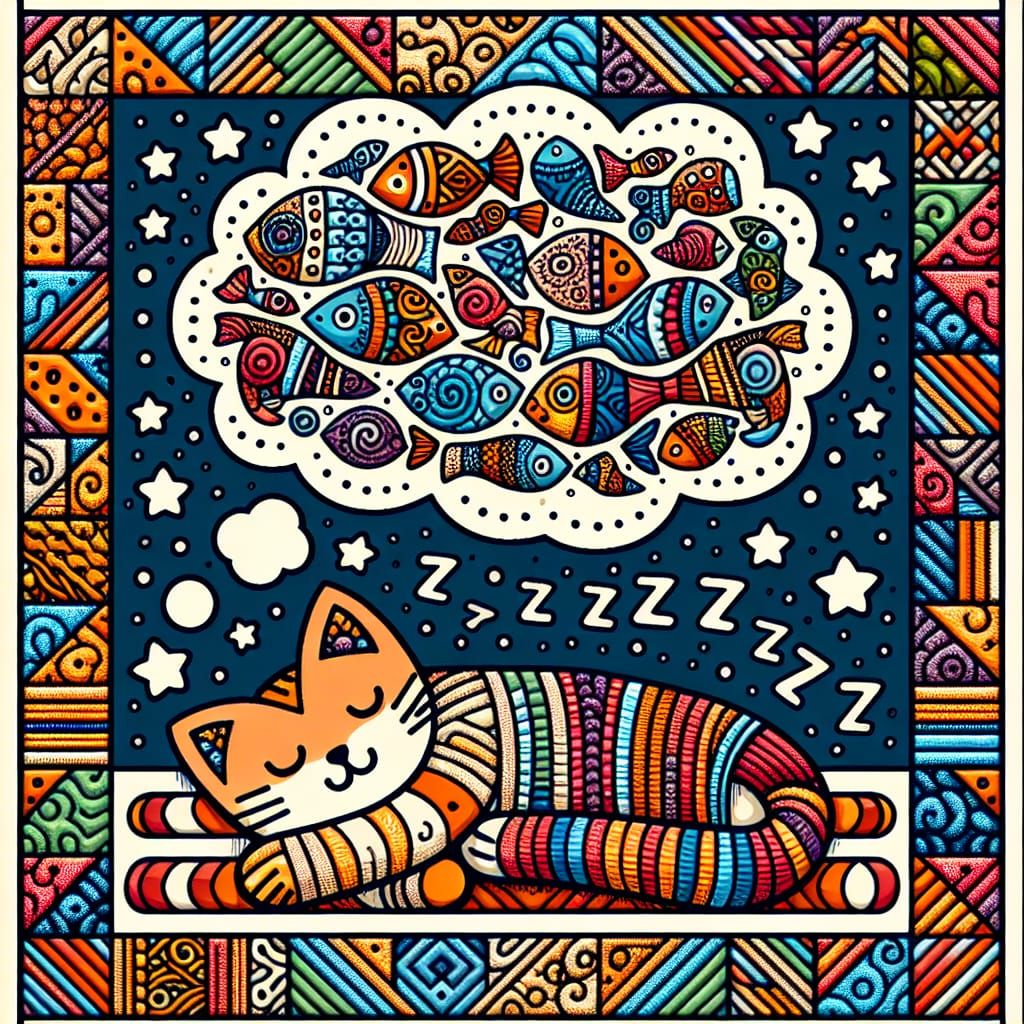 Dreamy Cat Quilt Pattern with Colorful Fish