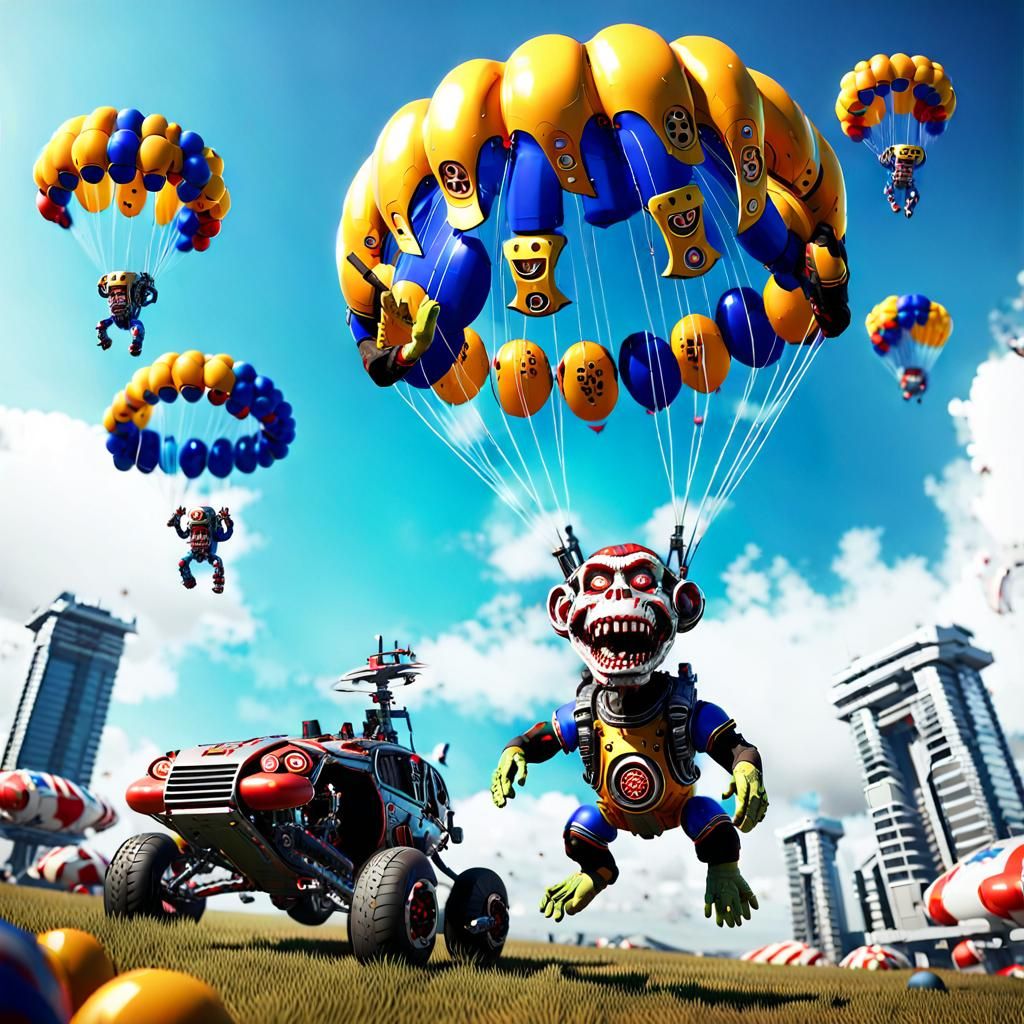 Zombie Monkey Monster Clowns Skydiving in Sci-Fi Style