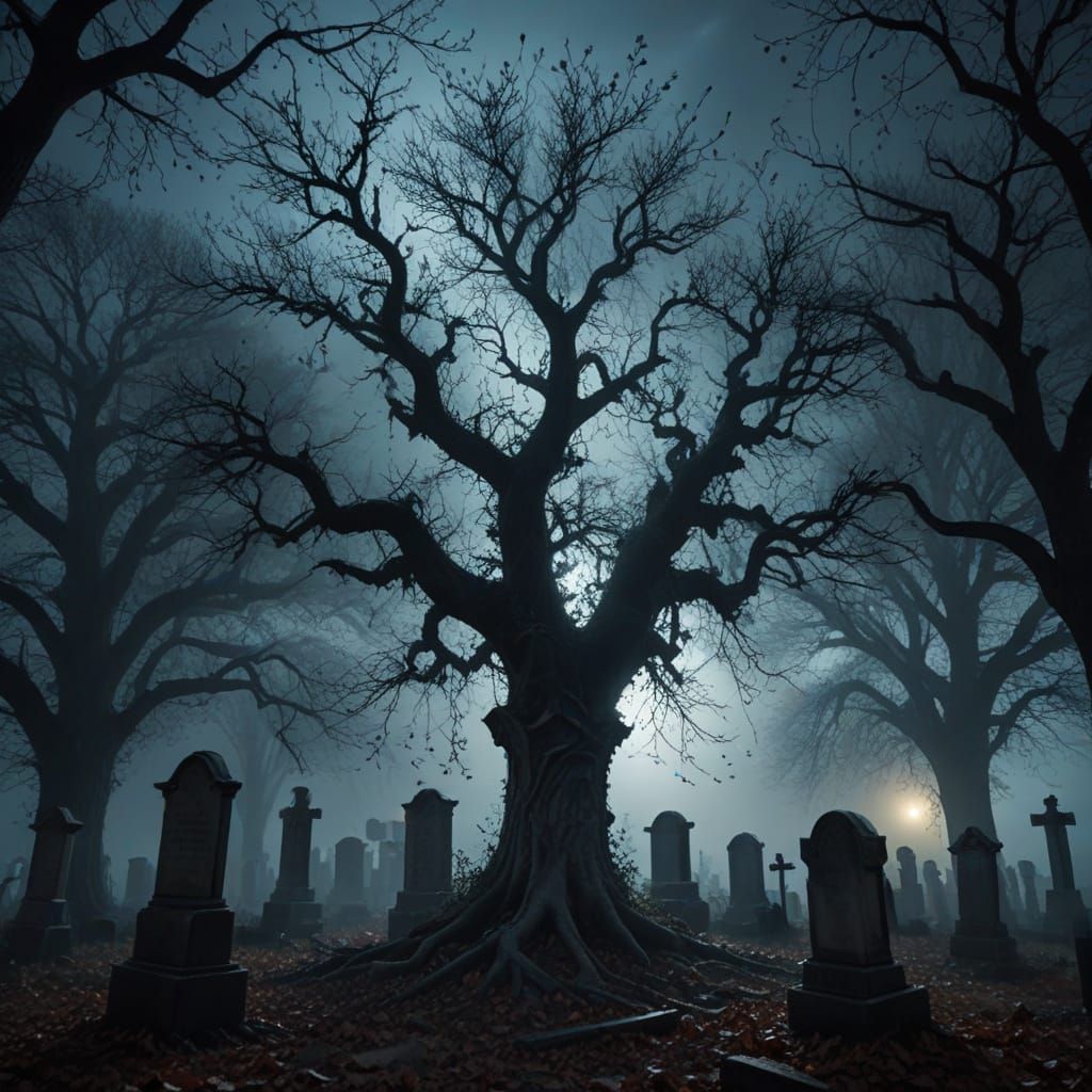 Eerie Spectral Spirit Haunts Cemetery in Dark Fantasy Art