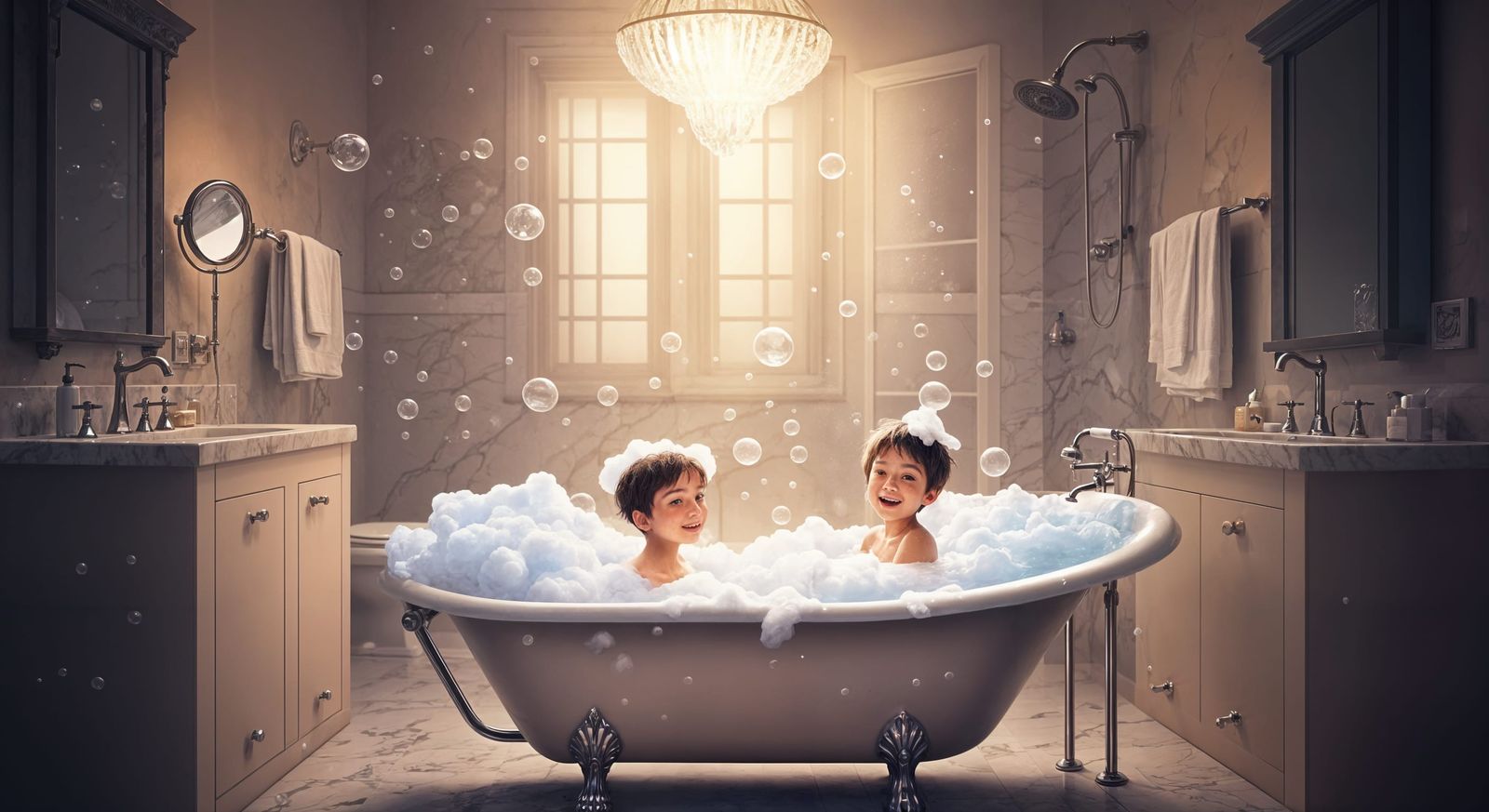 Boys in Foamy Bathtub: Stylized Watercolor Art