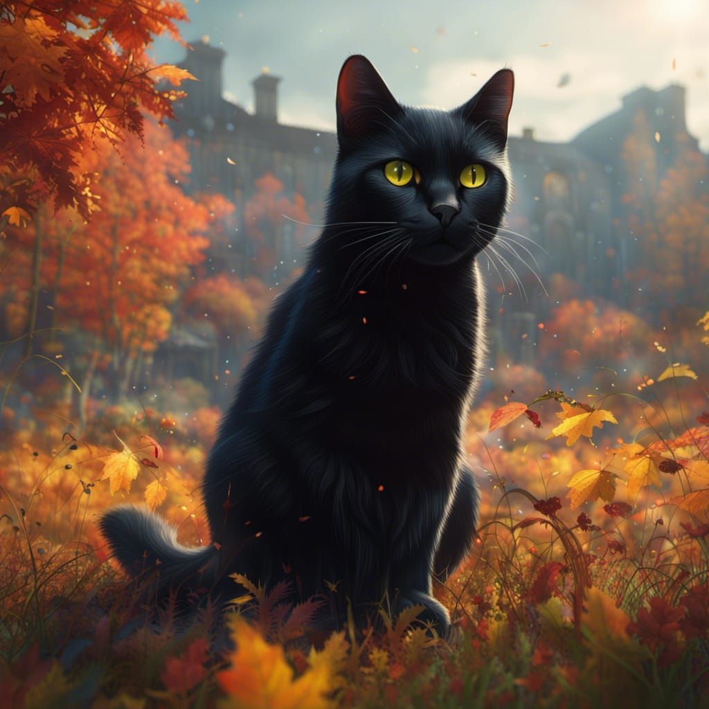 Black Cat in Autumn Meadow: Fantasy Concept Art