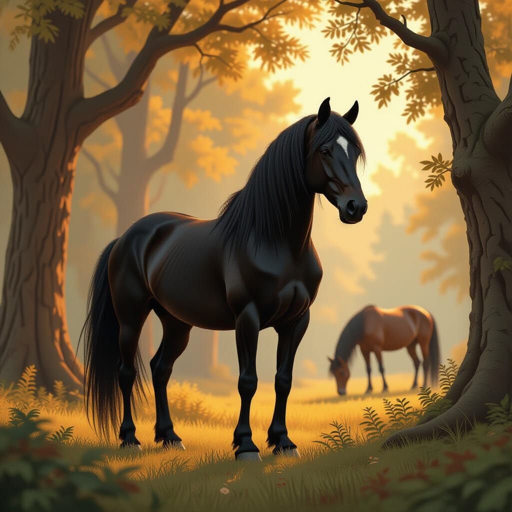 Majestic Black Horse in Forest, Digital Painting