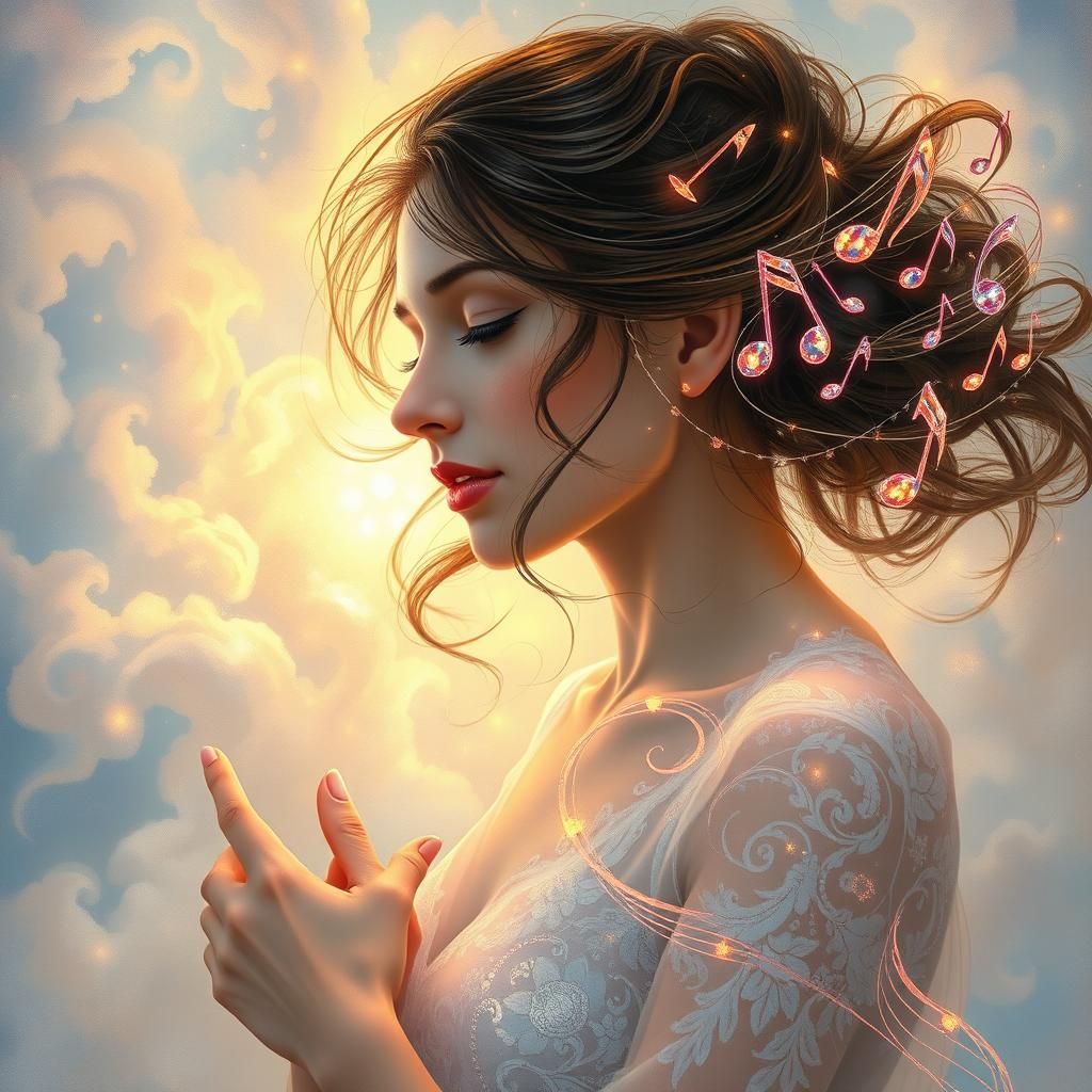 Ethereal Woman in a Cascade of Musical Notes
