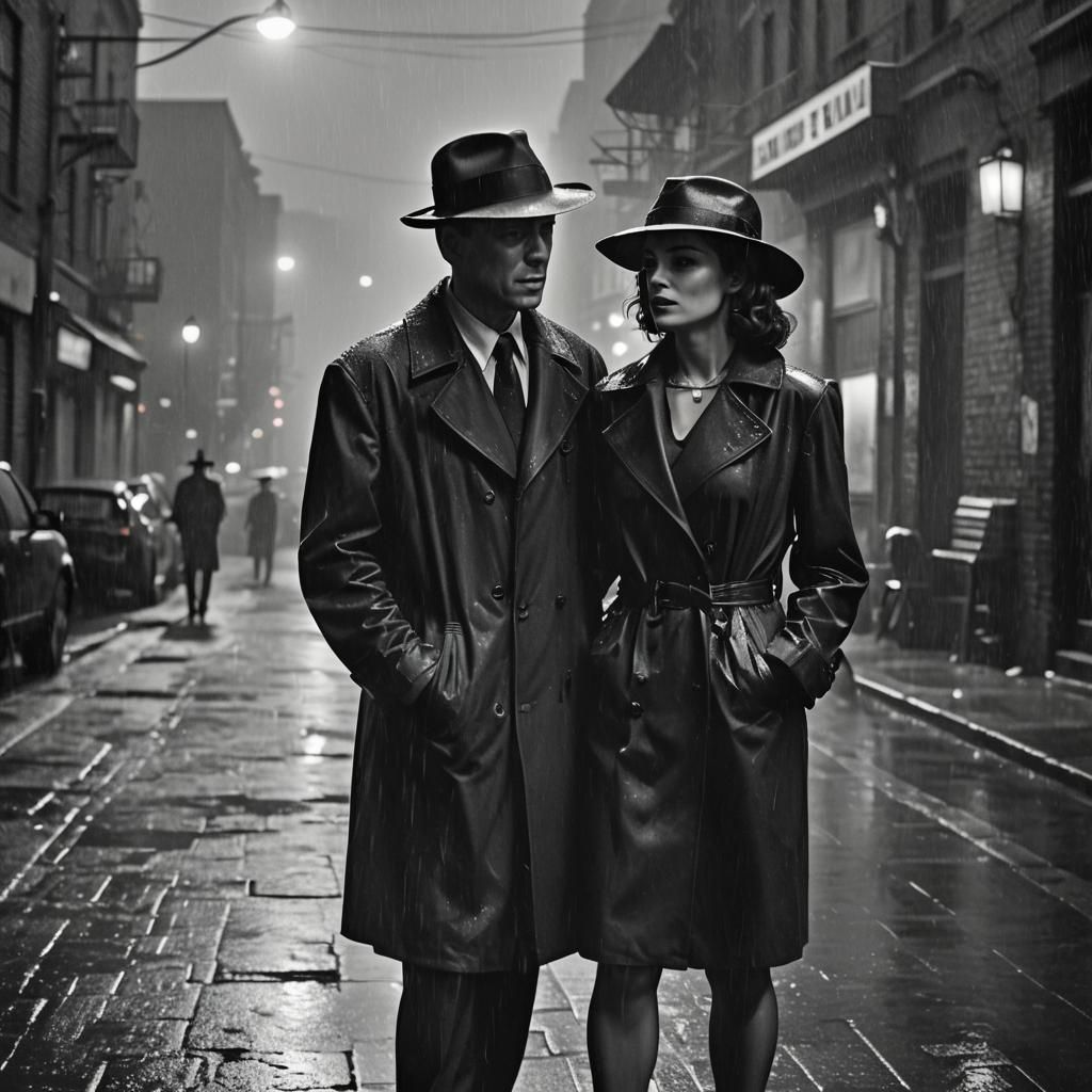 Film Noir Scene with Femme Fatale in Rain
