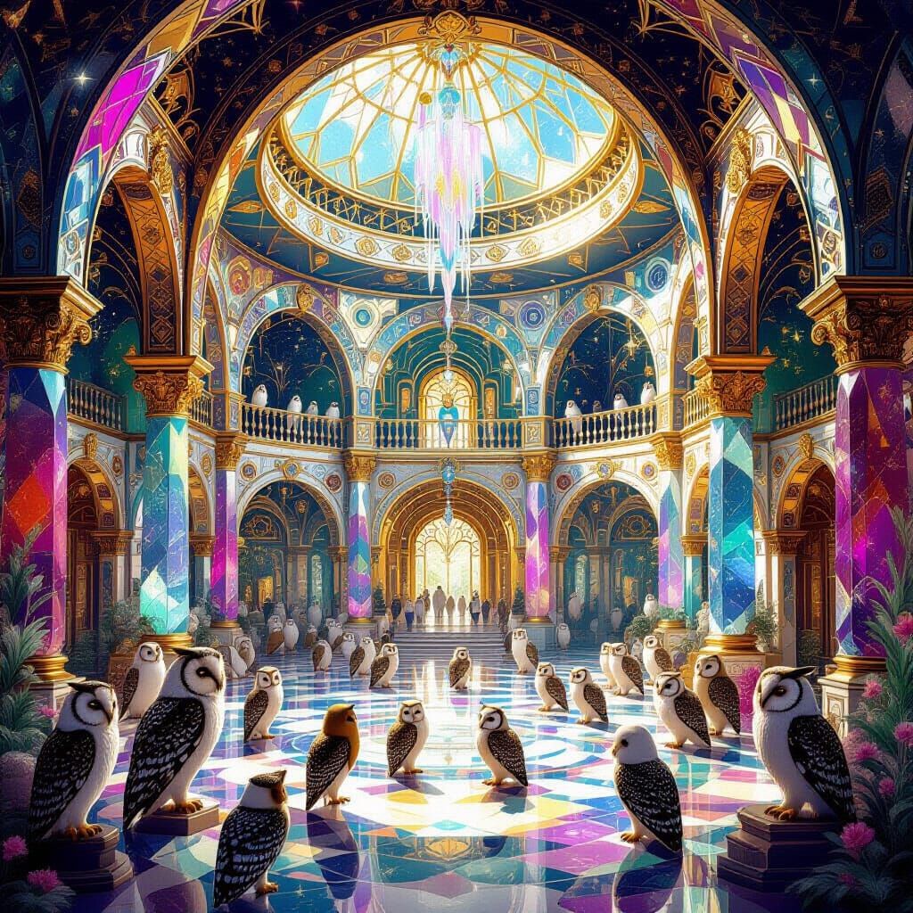 Magical Crystal Owl Palace Interior with Owls