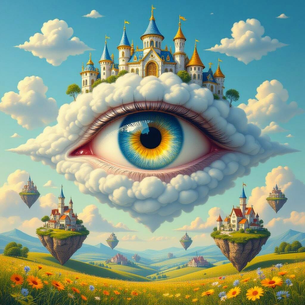 Surreal Eye Over Fairytale Cloud Castles and Floating Villag...