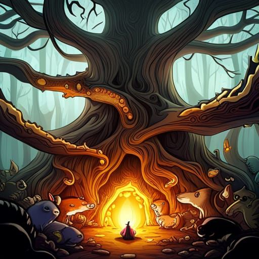 Enchanted Gathering: Forest Animals Drawn to Ancient Tree