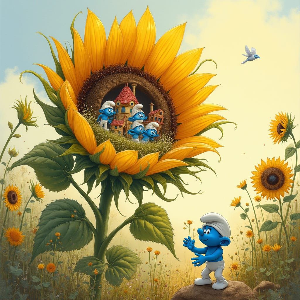 Smurf Village Inside a Sunflower, Watercolor Illustration