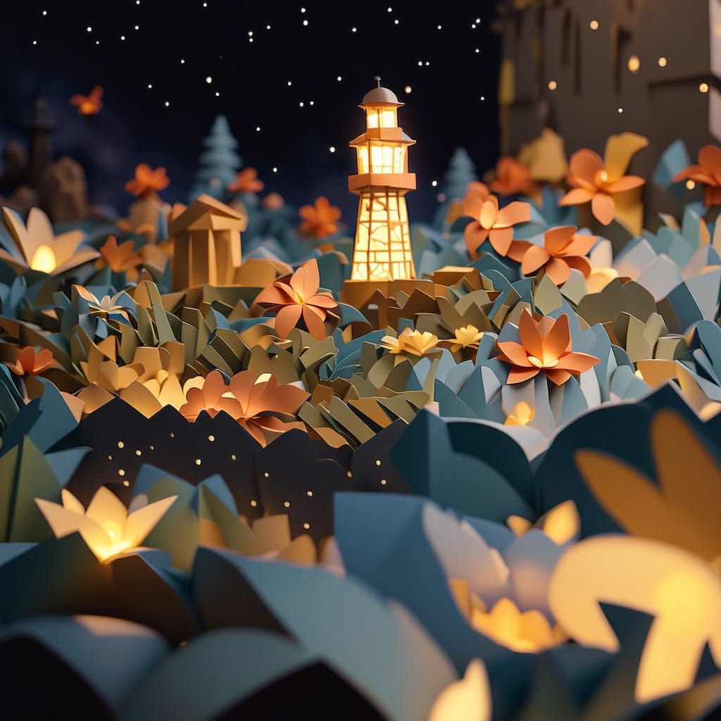 Origami Lighthouse Shines in Jungle Night