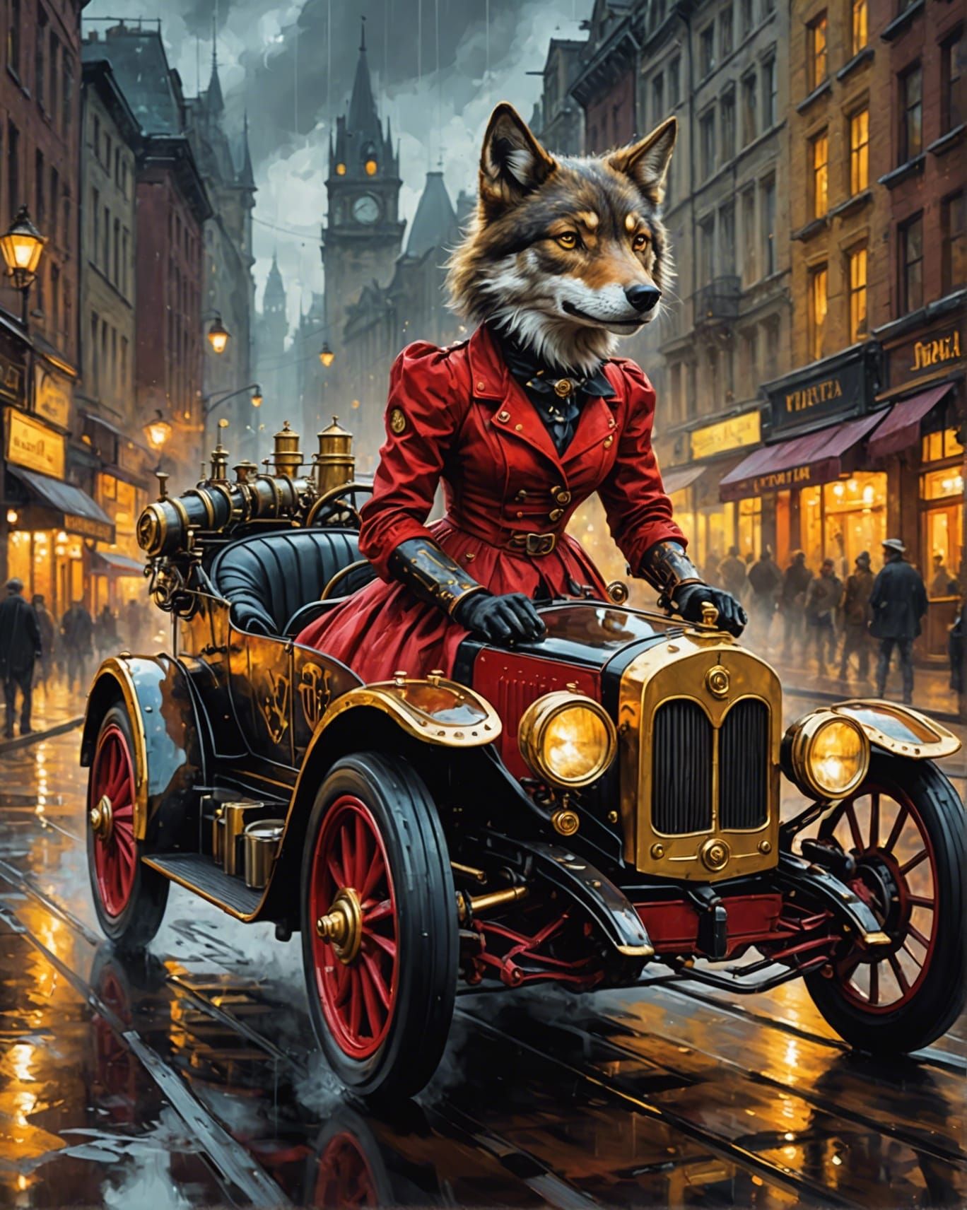 Steampunk Wolf Drives a Steam Racing Car