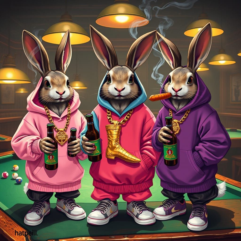 Hip Hop Rabbits in Pub with Human Foot Chain
