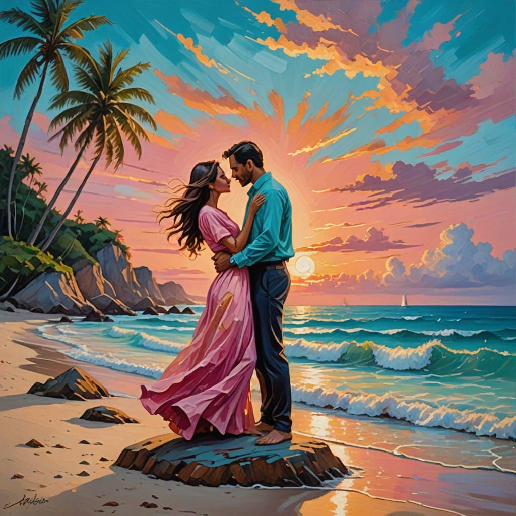 Romantic Beach Kiss at Sunset: Neo-Impressionist Painting