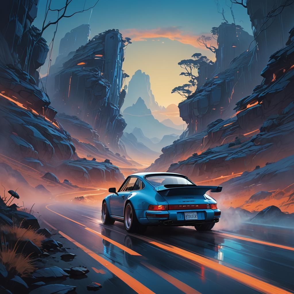 Blue Porsche 911 in Dreamlike Landscape