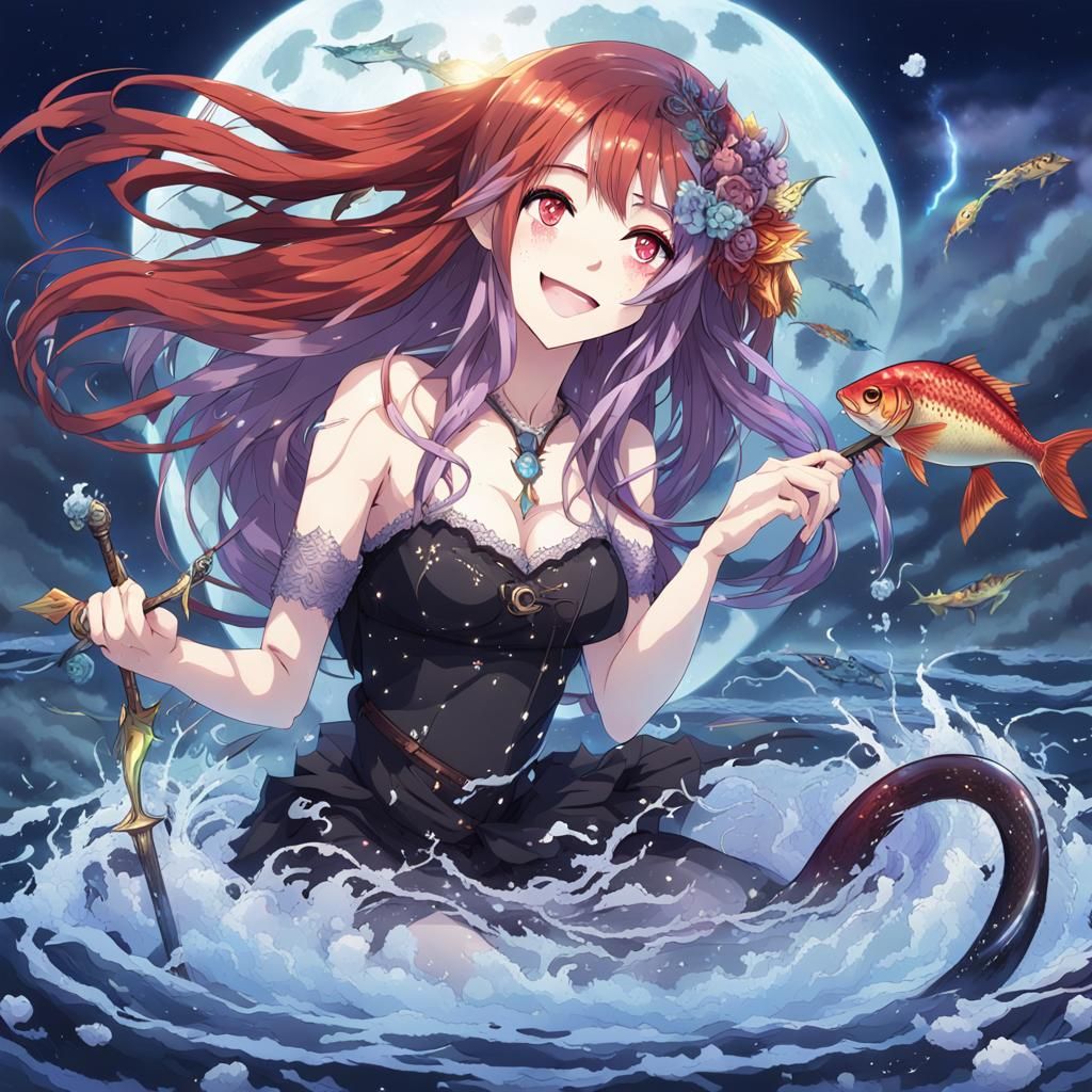 Anime Sorceress Laughing in Whirlpool with Trident