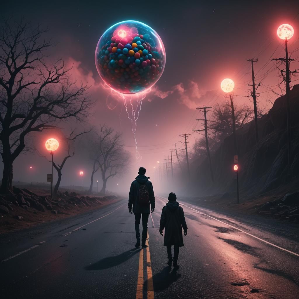 Traveler with Glowing Gumball in a Neon Mist