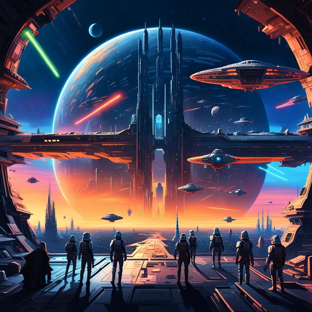 Futuristic Cityscape with Spaceships in Galactic Concept Art