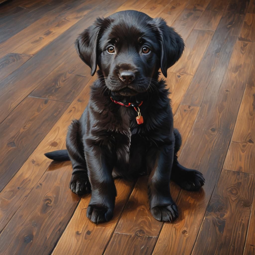 Black Lab Puppy Portrait as Oil Painting