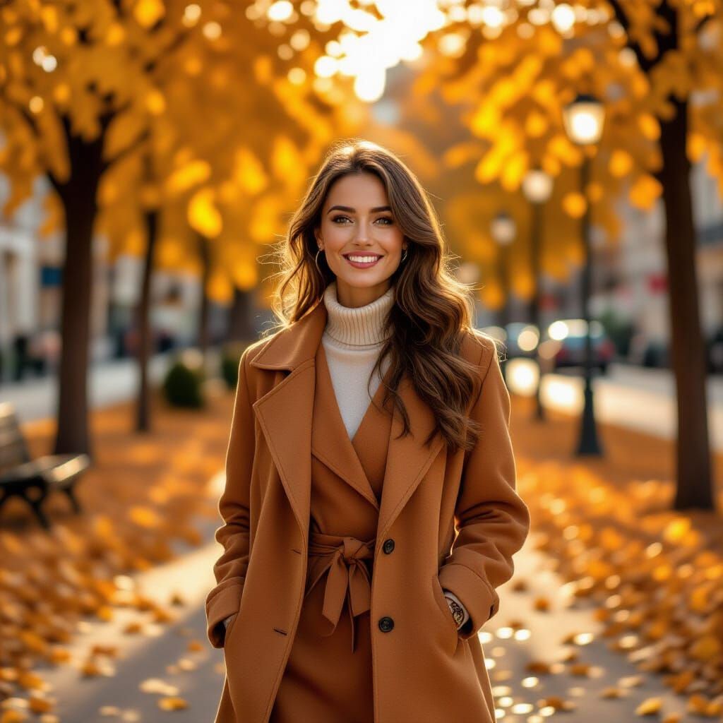 Elegant Woman in Autumn Dress, Golden Light, Digital Paintin...