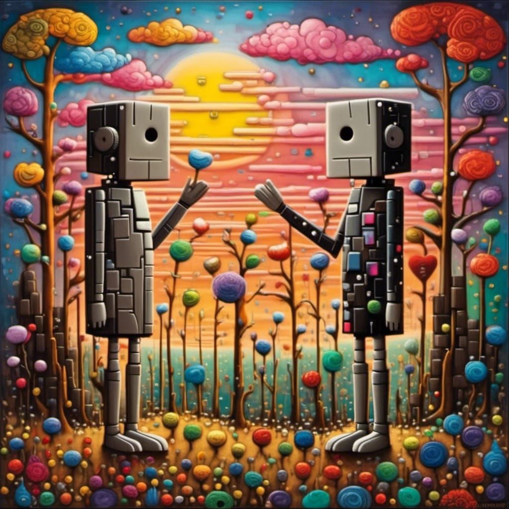 <lora:Circuitous:1.0> Two happy friends watching the sunset in art brut style by Duy Huynh"