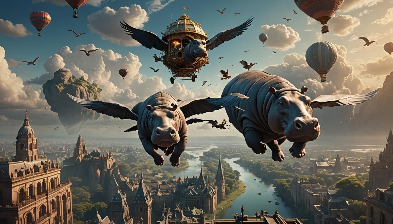 Epic Flying Hippo with Wings: Digital Matte Painting