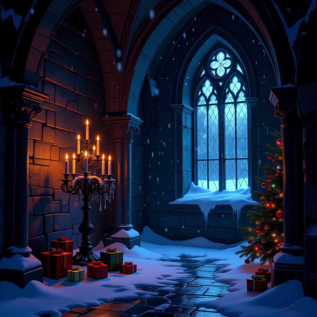 Dark Fantasy Christmas Crypt Scene with Moody Lighting