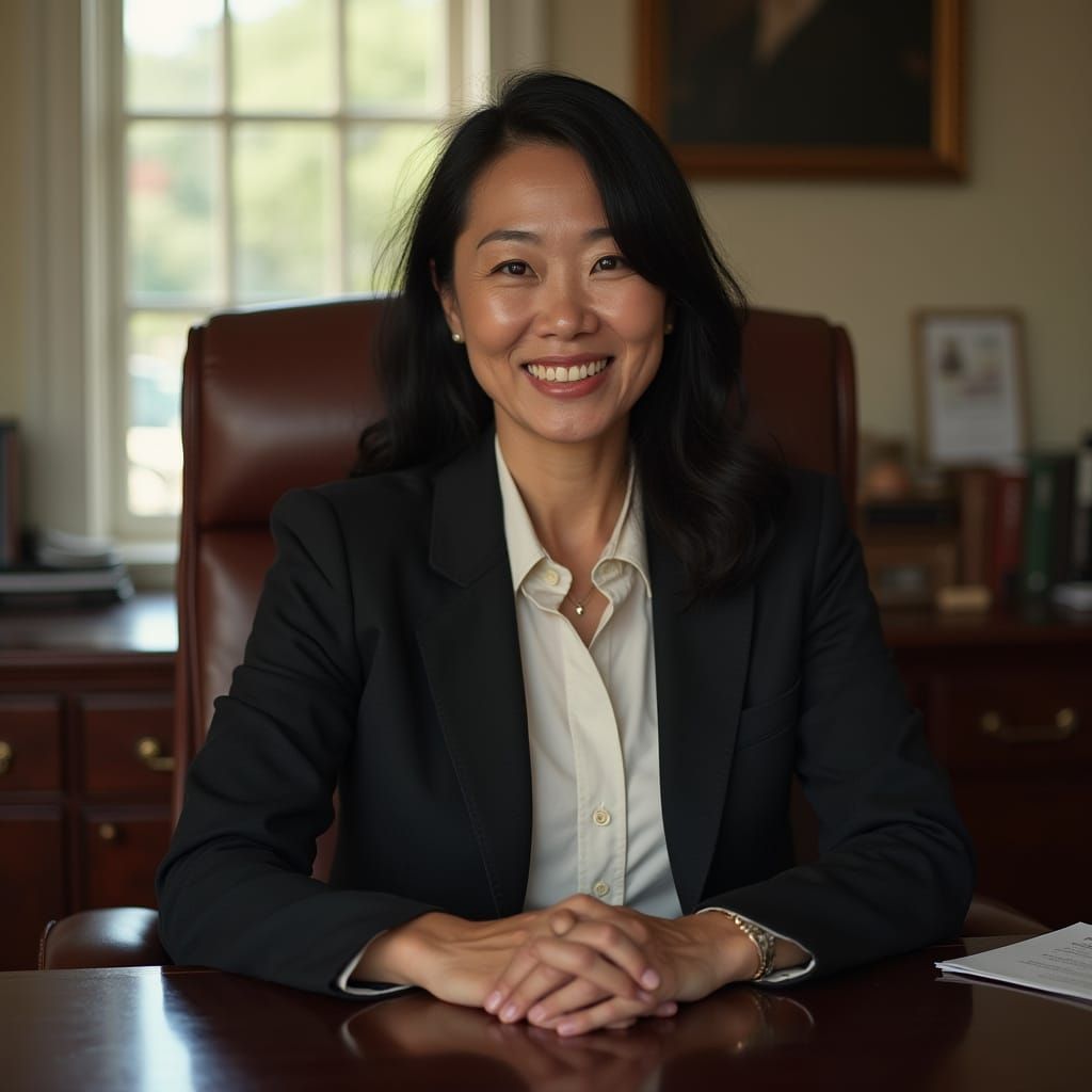 Confident Asian-American Woman in Photorealistic Office Port...