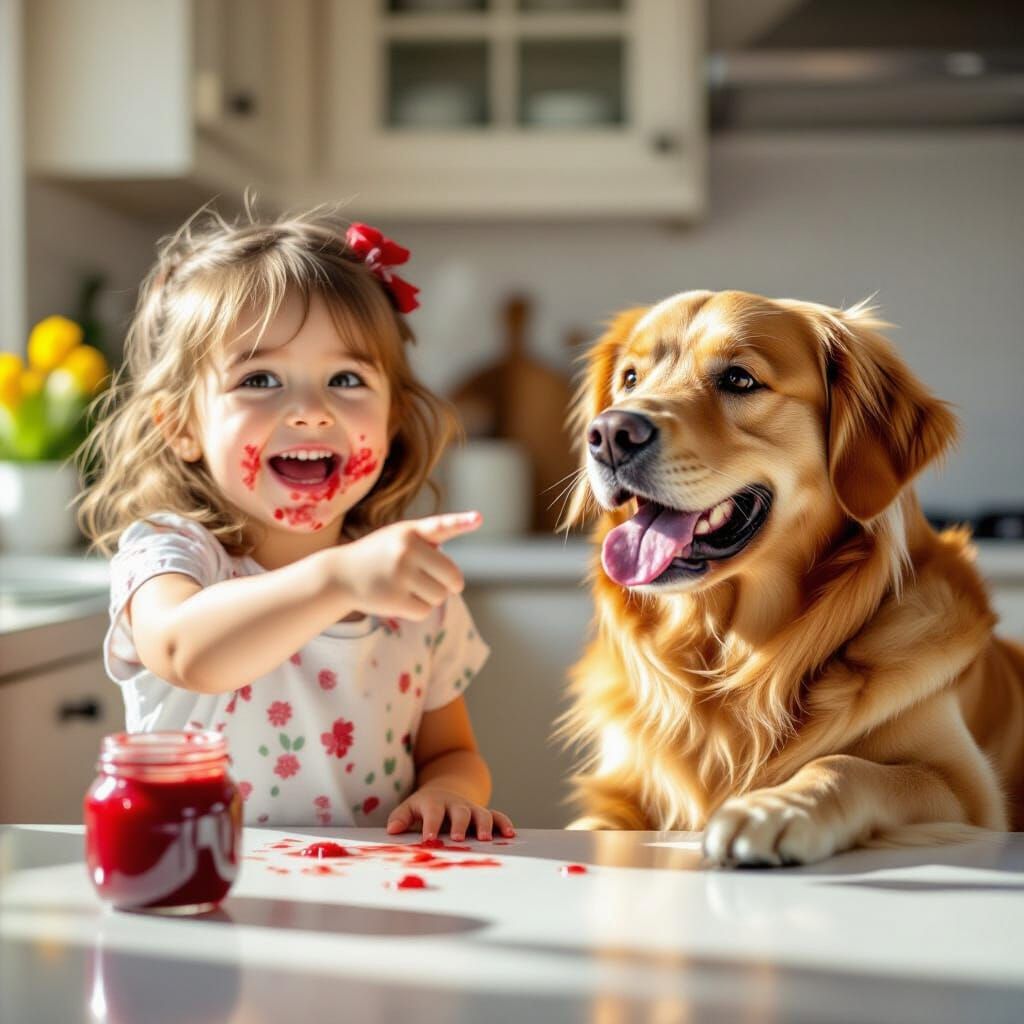 Girl Blames Dog for Jam Mess in Sunlit Kitchen