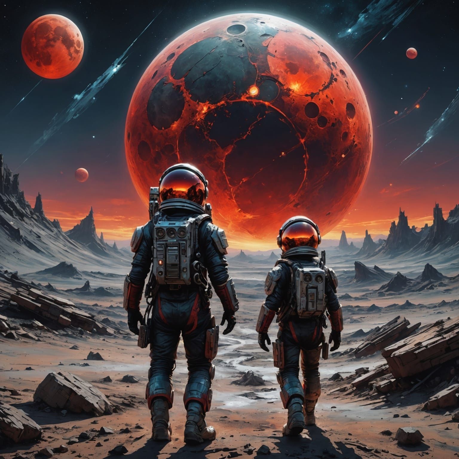 Futuristic Spacemen on Moon with Sunset Reflection