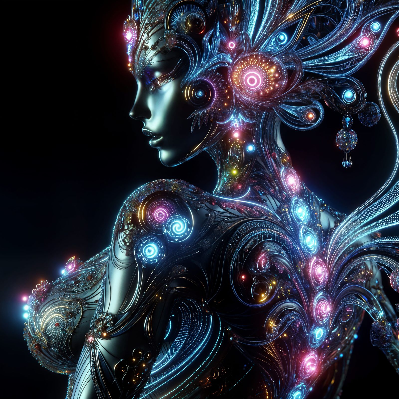 Glass Woman Adorned with Neon Accessories