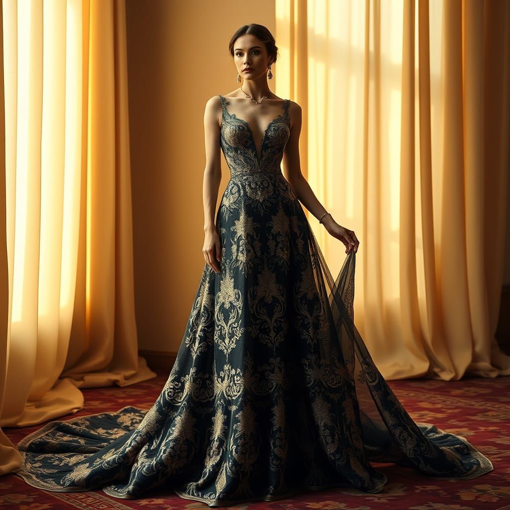 Elegant Woman in Embroidered Gown, Art Nouveau Style