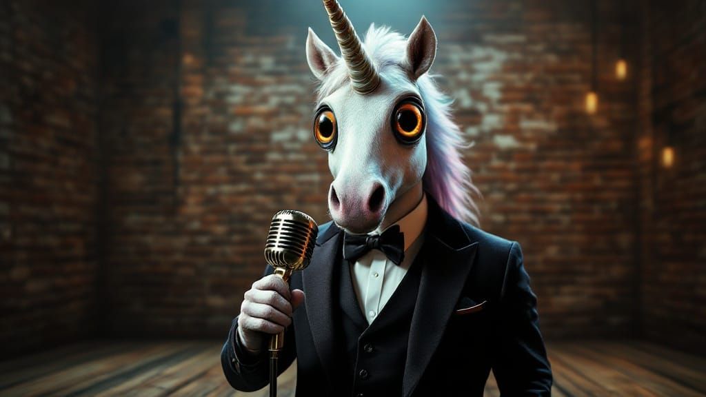 Hyper-Realistic Unicorn Comedian on Stage