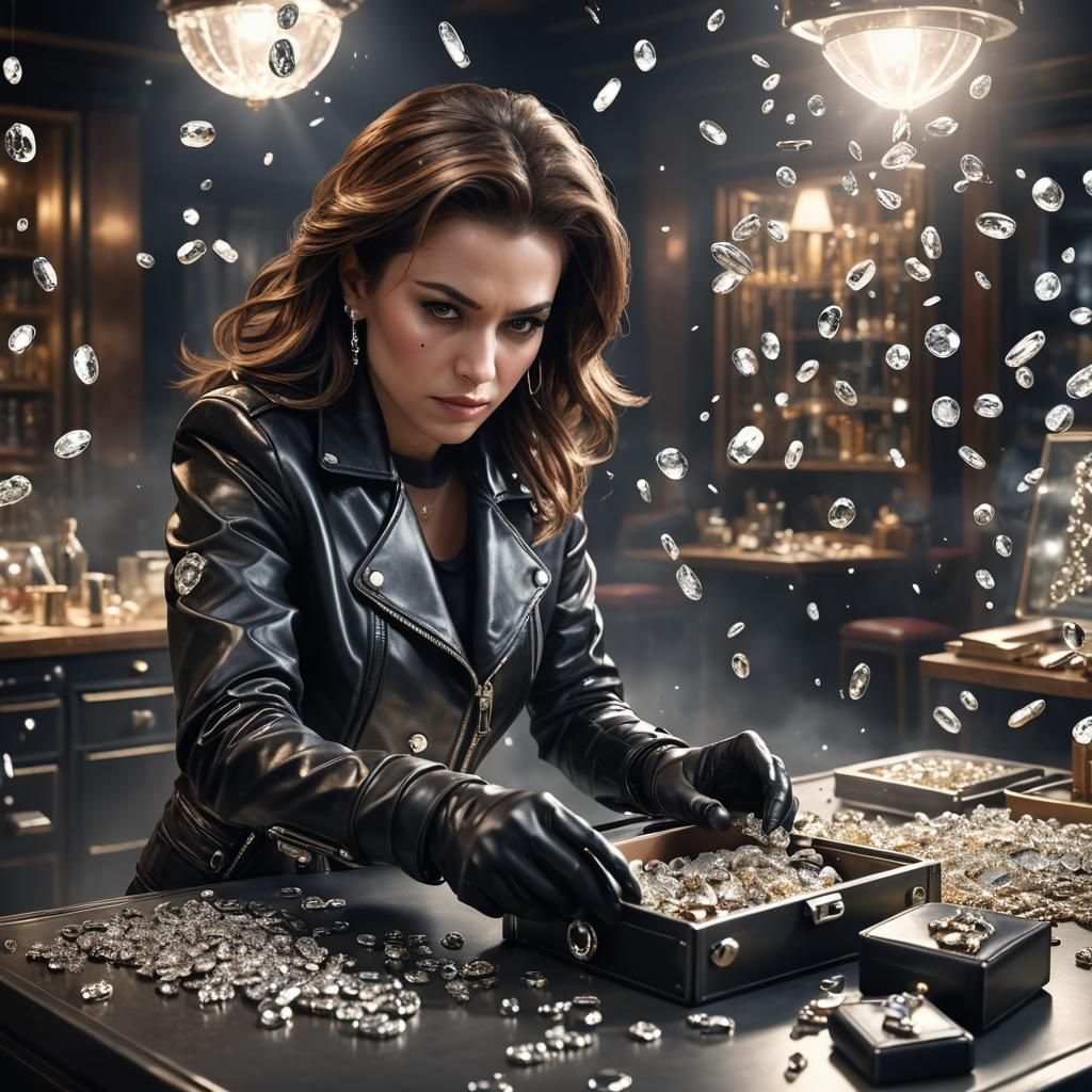 Female Robber Stealing Diamonds in Hyperrealistic Render