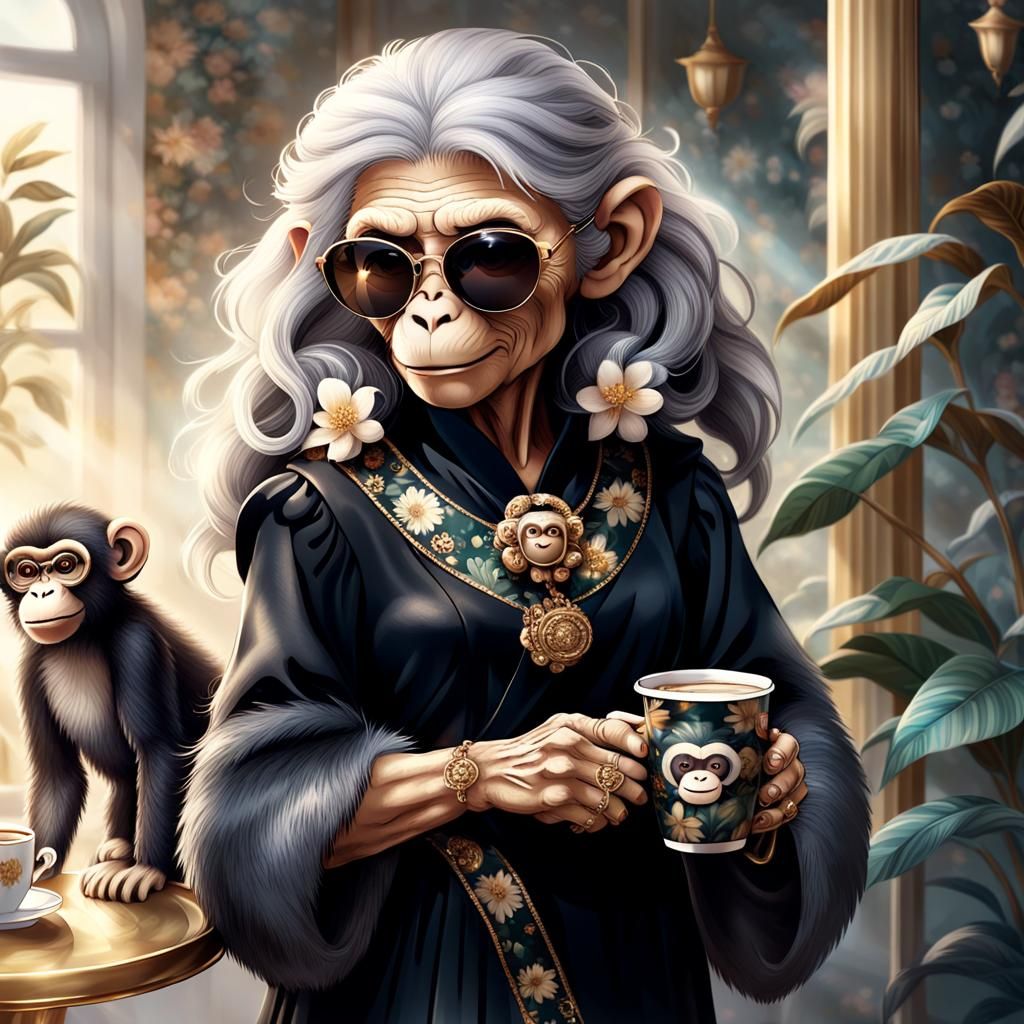 Monkey Woman with Coffee, Fantasy Concept Art