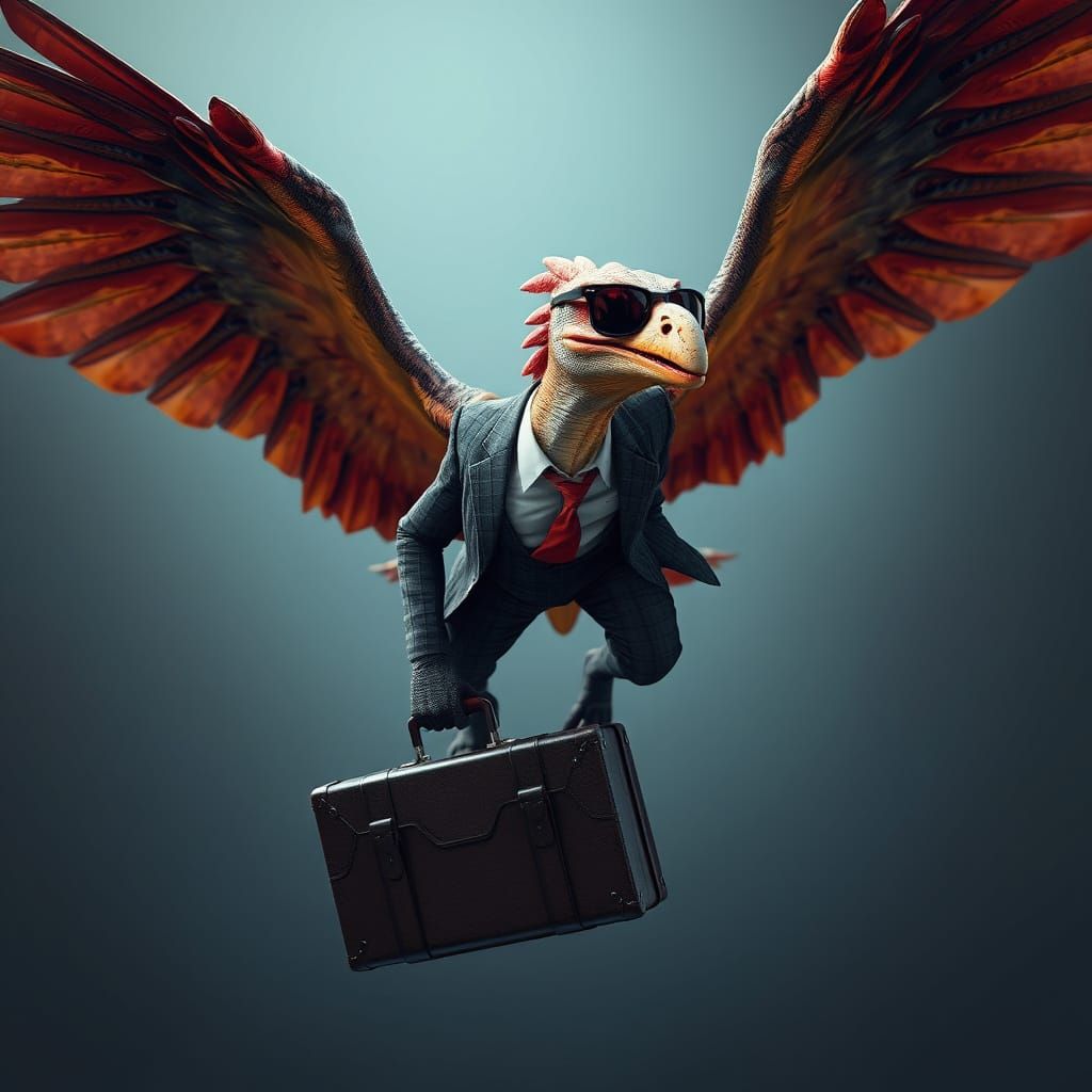 Flying Business Pterodactyl in Deep Fantasy Landscape